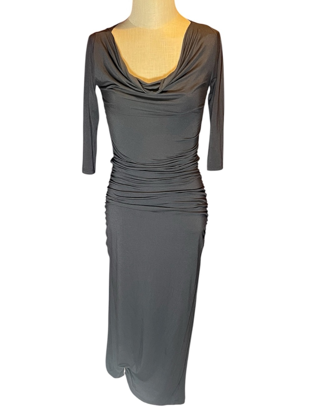 🩶Boutique Drape-Neck Soft Modal Gray Maxi Dress w Ruched Waist by Necessitees